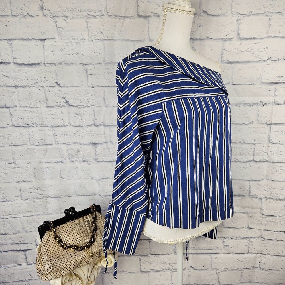 Topshop Sz 4 US Blue Black Striped One Shoulder Tie Sleeve Top Blouse FLAW READ - Picture 7 of 13